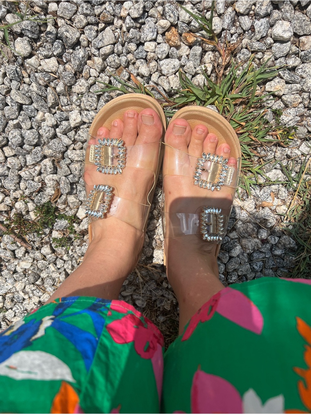 Clear Gem Buckle Slide Sandals - Nude Footbed